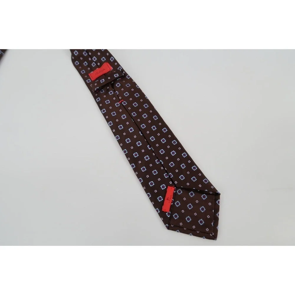 Isaia Napoli Silk Tie Mens OS Brown Blue Floral Geometric 7-Fold Handmade Italy - Picture 6 of 10